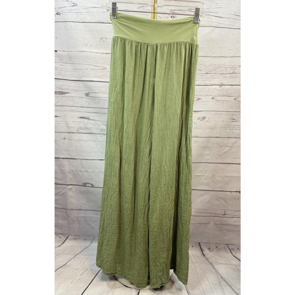 Bellambra Green Linen Wide Leg Pants Small Stretch Waist Tie Front Boho Lounge - Picture 3 of 5